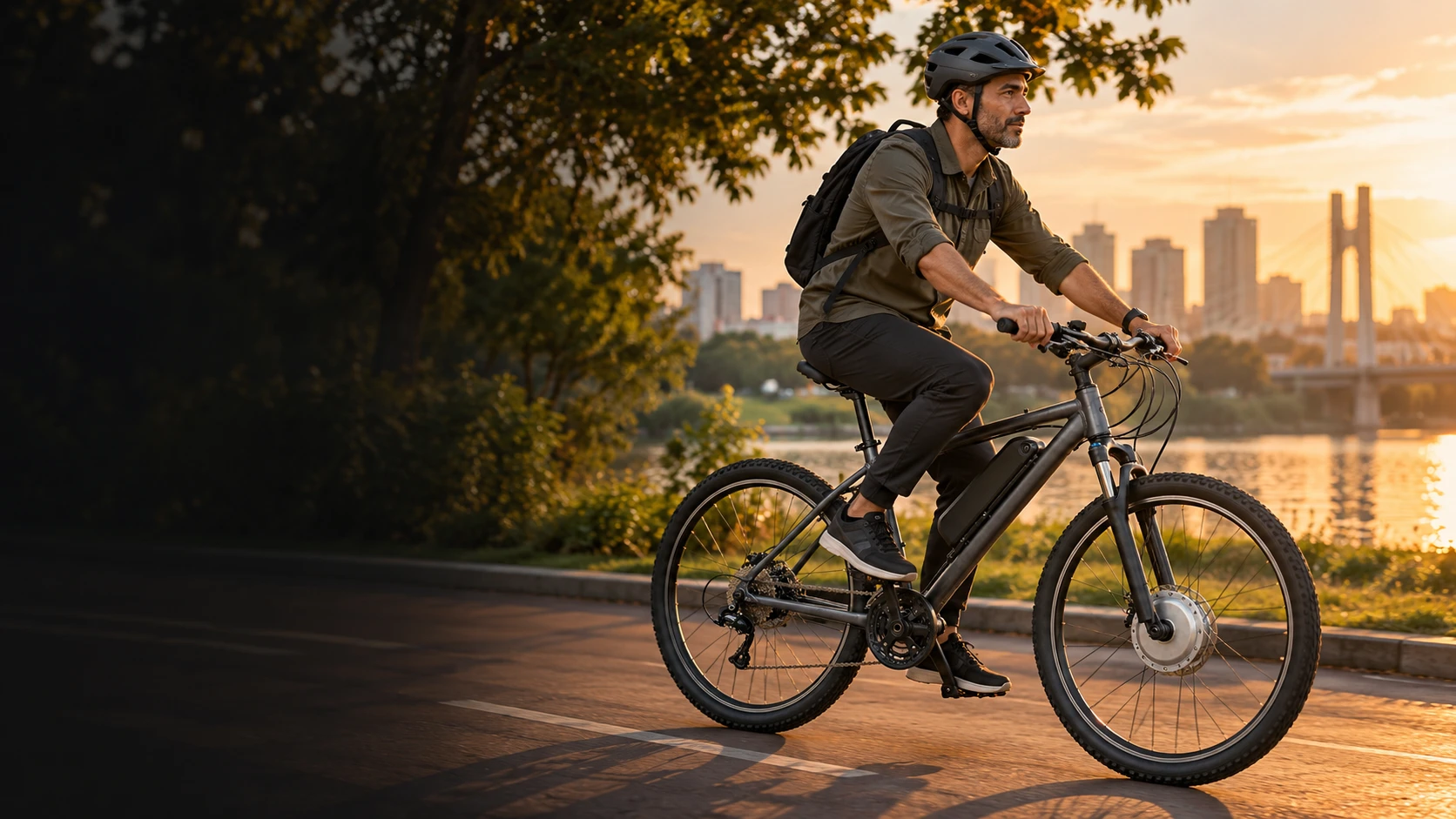 Cena ilustrativa de homem adulto pedalando bicicleta com motor no cubo dianteiro e bateria rígida sobre o tubo diagonal